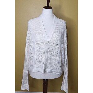 ELAN Crochet Patches Womens Large V Neck Sweater Off White Collared‎ Cream Knit